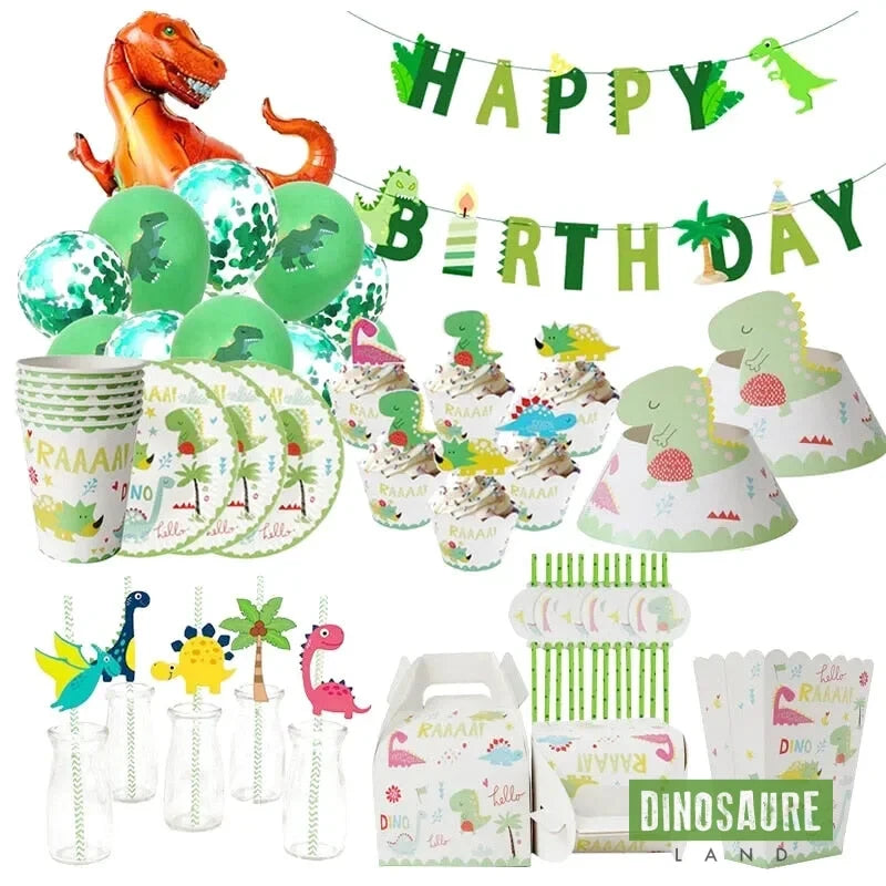 Kit Anniversaire Dinosaure Enfant Complet – Vaisselle, Ballons, Nappe, Bannière, Assiettes, Serviettes, Décorations Gâteau