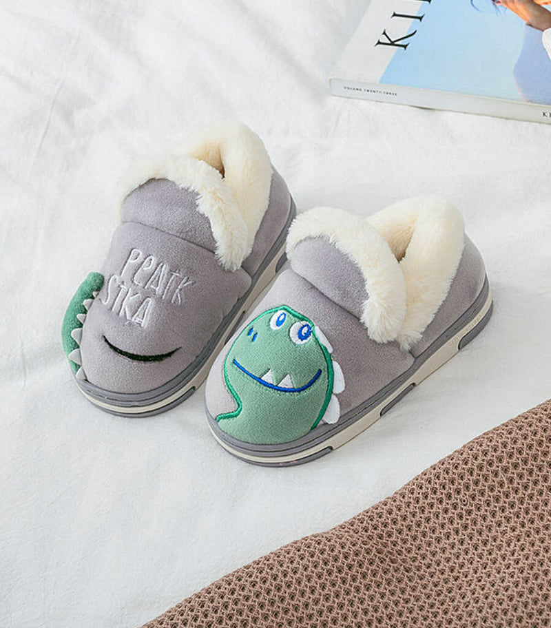 chaussons polaires dinosaure enfant gris