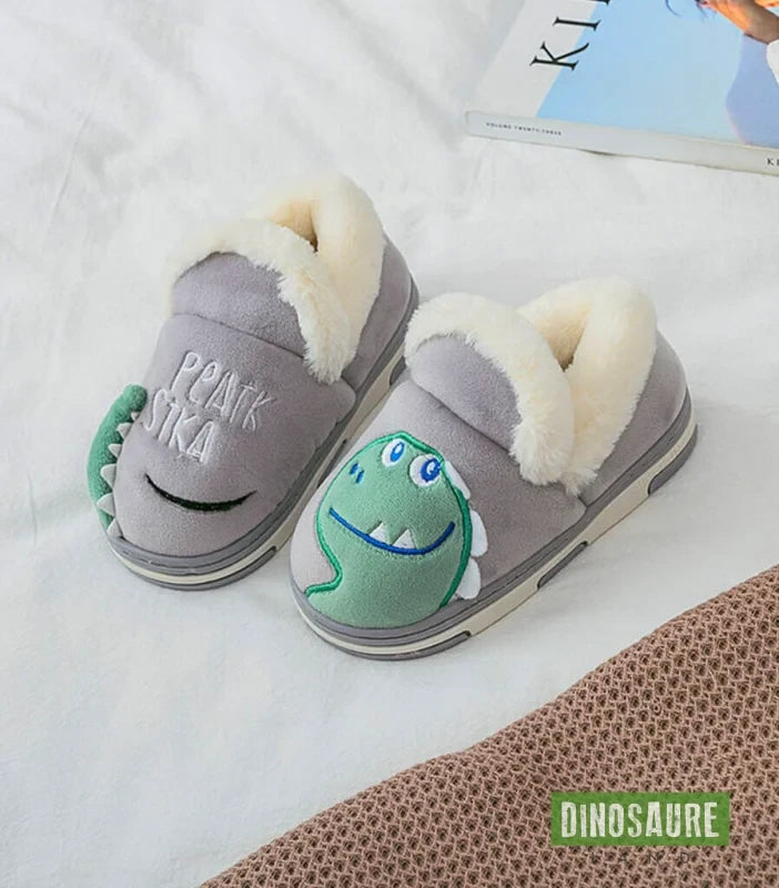 chaussons polaires dinosaure enfant gris