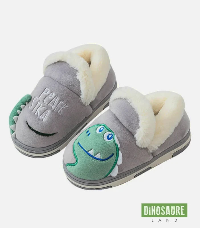 chaussons polaires dinosaure enfant gris