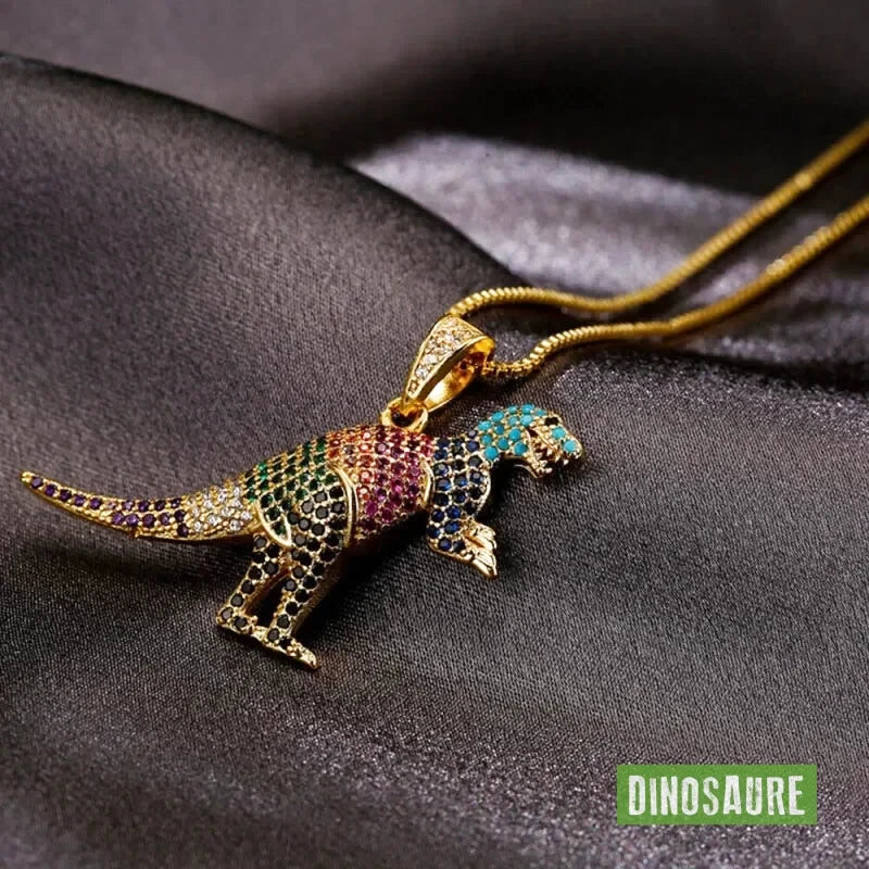 collier pendentif dinosaure cristal or